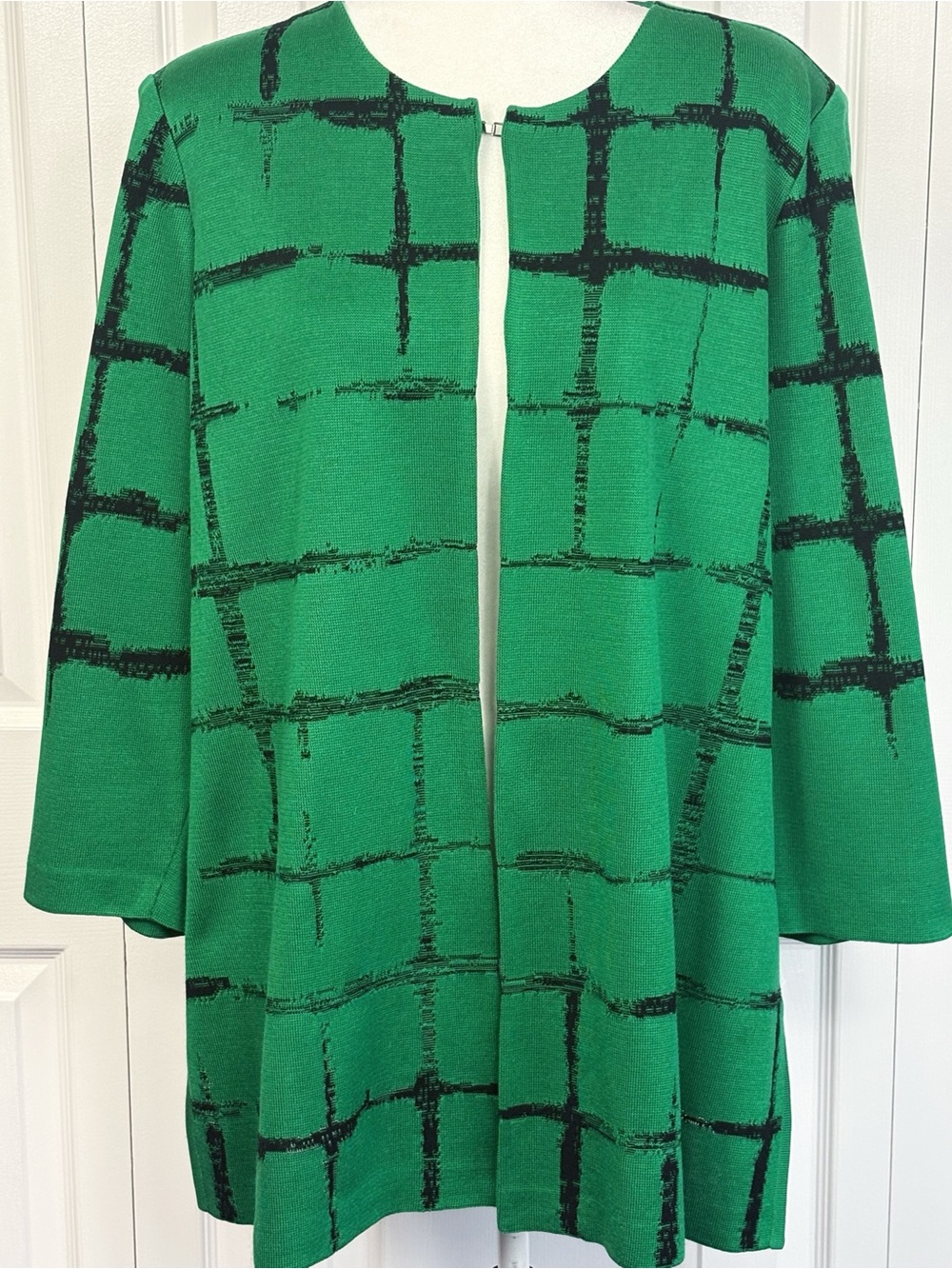 Misook Green & Black Check Print 3/4 Sleeve Open Front Cardigan Jacket 0X